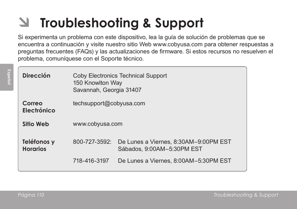 Troubleshooting & support | COBY SNAPP CAM3005 User Manual | Page 110 / 180