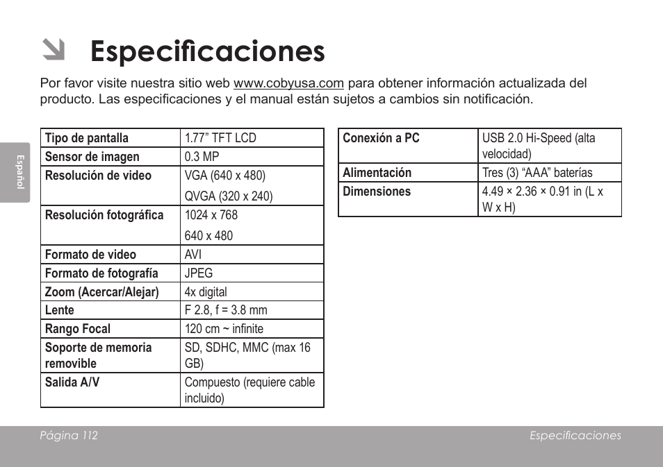 Especificaciones | COBY SNAPP CAM3005 User Manual | Page 112 / 180