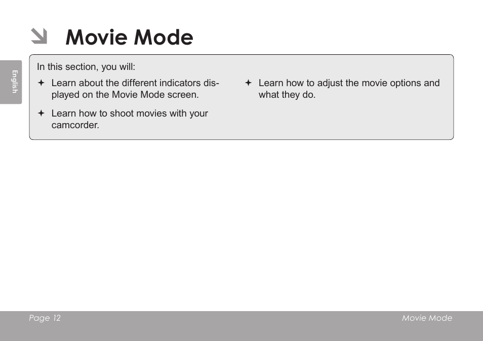 Movie mode | COBY SNAPP CAM3005 User Manual | Page 12 / 180