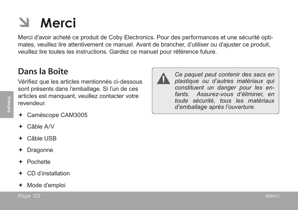 Merci, Dans la boîte | COBY SNAPP CAM3005 User Manual | Page 122 / 180
