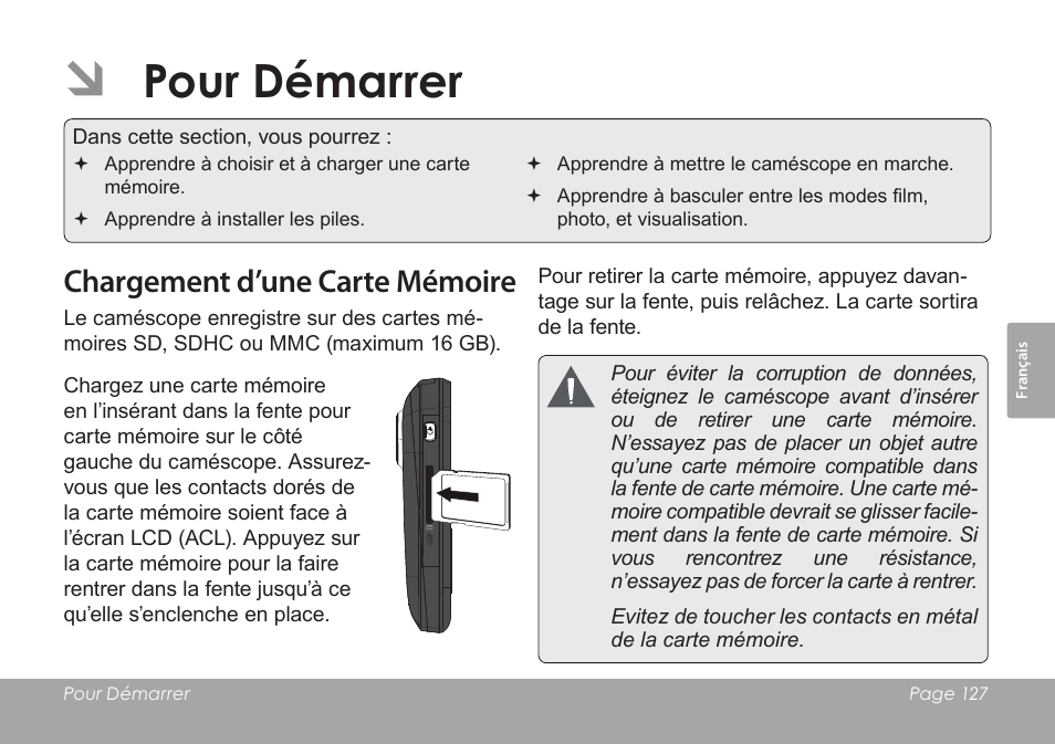 Pour démarrer, Chargement d’une carte mémoire | COBY SNAPP CAM3005 User Manual | Page 127 / 180