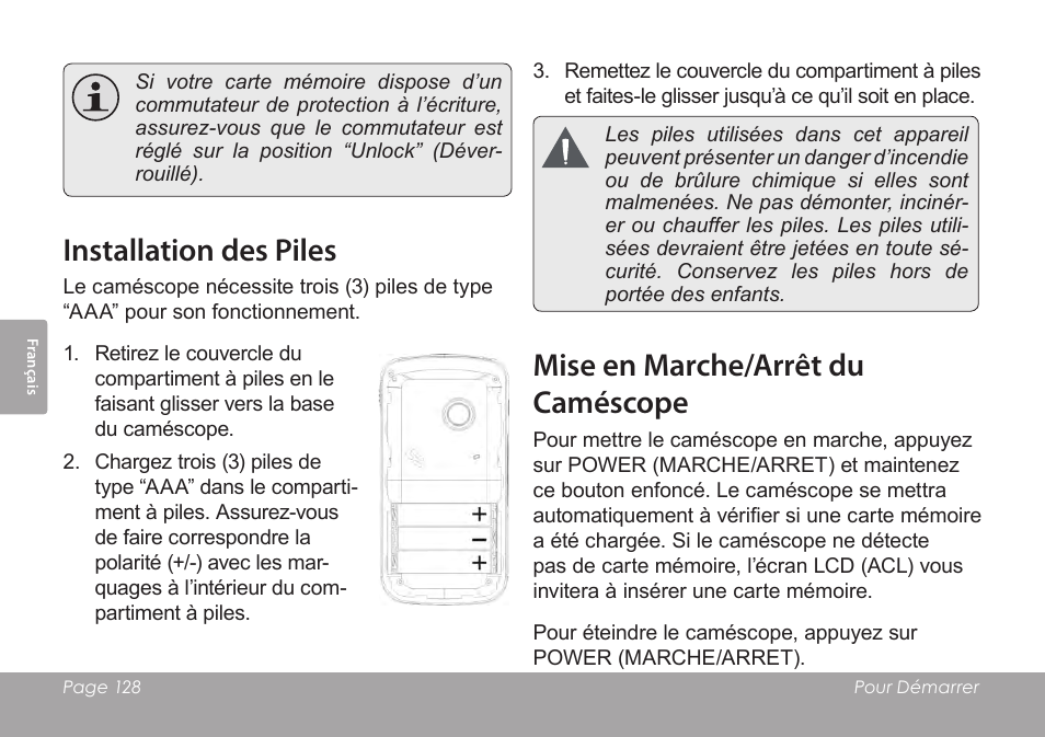 Installation des piles, Mise en marche/arrêt du caméscope | COBY SNAPP CAM3005 User Manual | Page 128 / 180