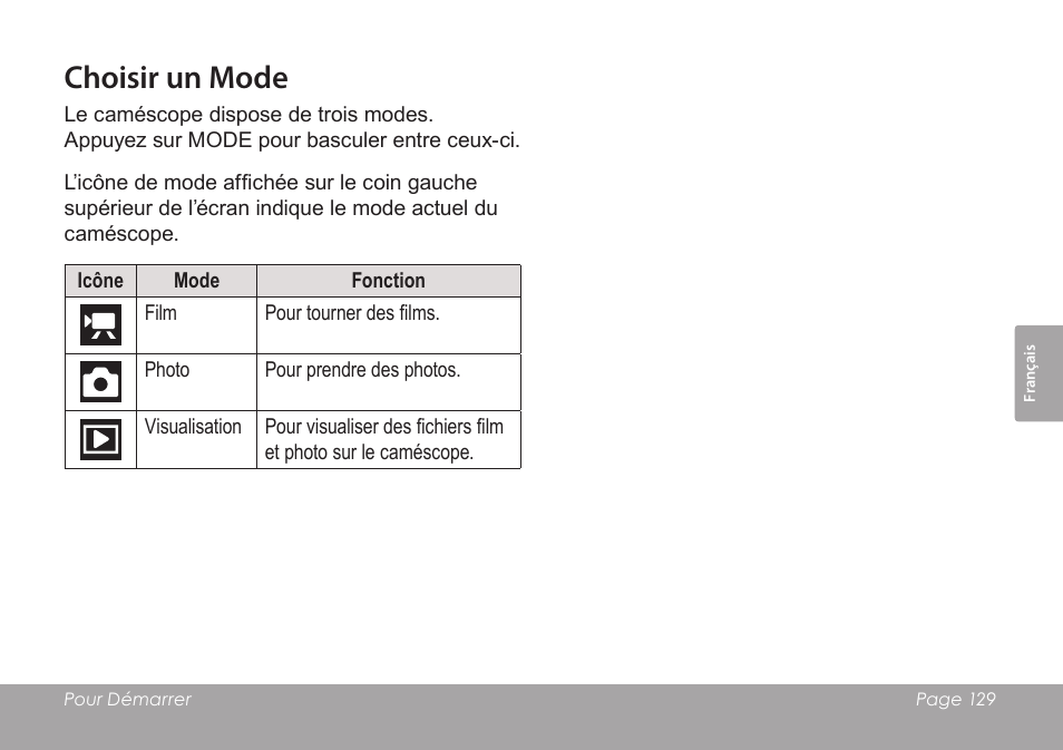 Choisir un mode | COBY SNAPP CAM3005 User Manual | Page 129 / 180