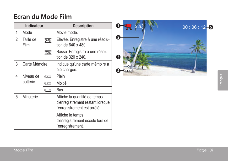 Ecran du mode film | COBY SNAPP CAM3005 User Manual | Page 131 / 180
