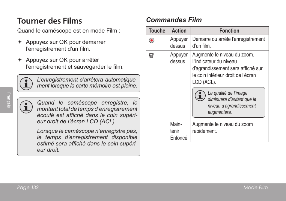 Tourner des films, Commandes film | COBY SNAPP CAM3005 User Manual | Page 132 / 180