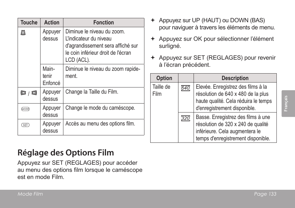 Réglage des options film | COBY SNAPP CAM3005 User Manual | Page 133 / 180