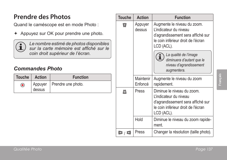 Prendre des photos, Commandes photo | COBY SNAPP CAM3005 User Manual | Page 137 / 180