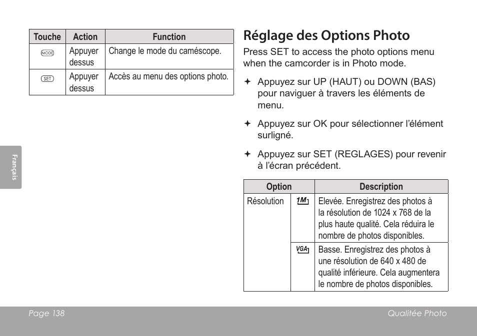 Réglage des options photo | COBY SNAPP CAM3005 User Manual | Page 138 / 180
