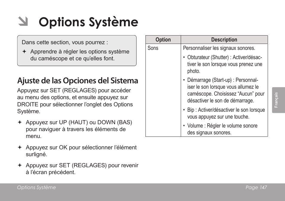 Options système, Ajuste de las opciones del sistema | COBY SNAPP CAM3005 User Manual | Page 147 / 180