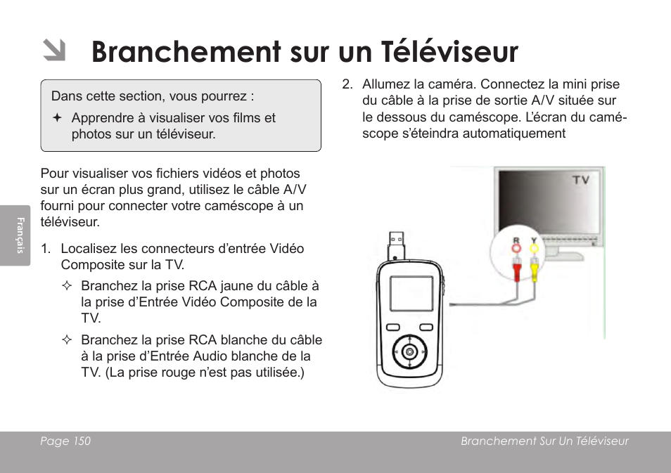 Branchement sur un téléviseur | COBY SNAPP CAM3005 User Manual | Page 150 / 180