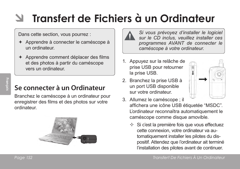 Transfert de fichiers à un ordinateur, Se connecter à un ordinateur | COBY SNAPP CAM3005 User Manual | Page 152 / 180