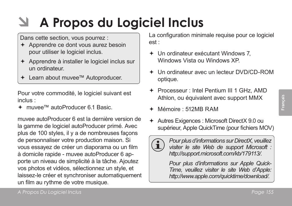A propos du logiciel inclus | COBY SNAPP CAM3005 User Manual | Page 155 / 180