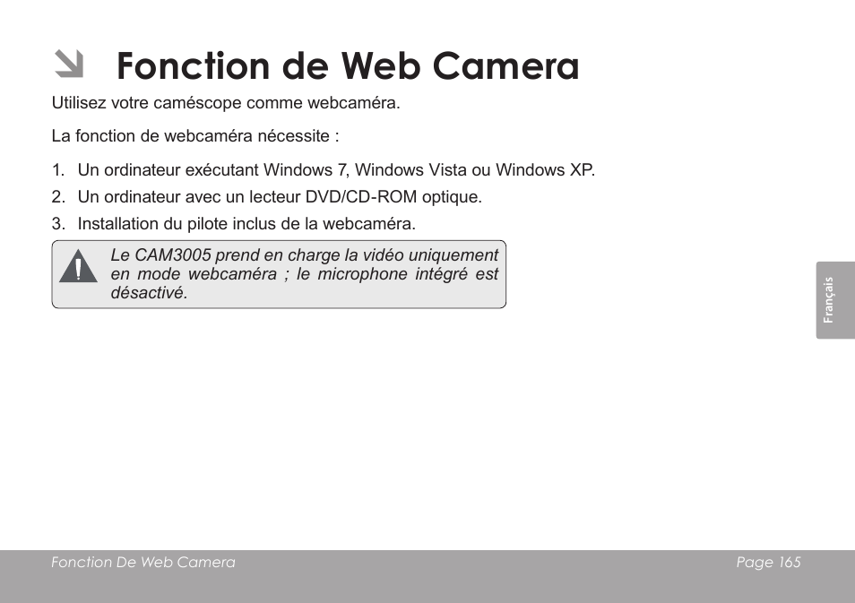 Fonction de web camera | COBY SNAPP CAM3005 User Manual | Page 165 / 180