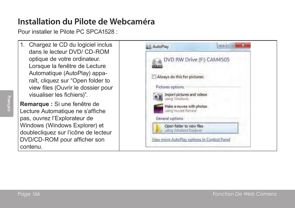 Installation du pilote de webcaméra | COBY SNAPP CAM3005 User Manual | Page 166 / 180