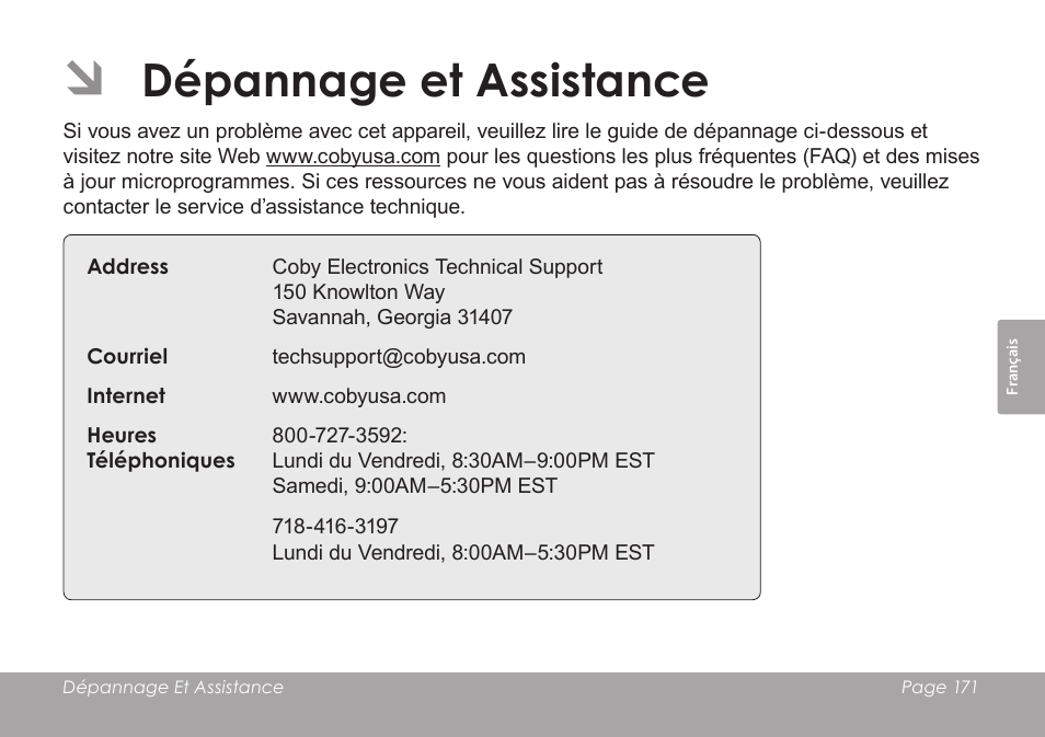 Dépannage et assistance | COBY SNAPP CAM3005 User Manual | Page 171 / 180
