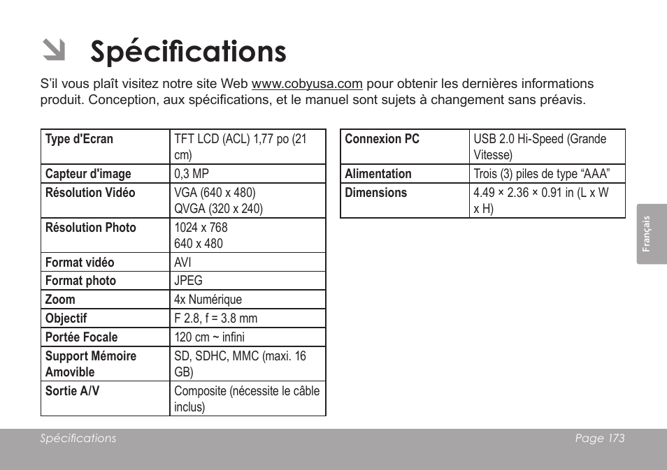 Spécifications | COBY SNAPP CAM3005 User Manual | Page 173 / 180