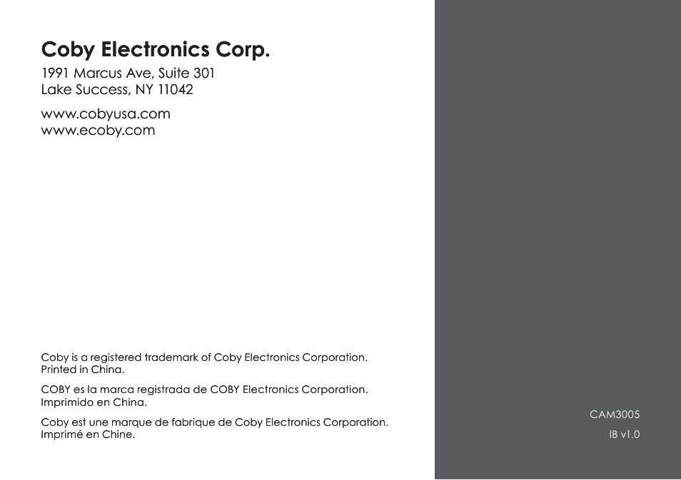 Coby electronics corp | COBY SNAPP CAM3005 User Manual | Page 180 / 180