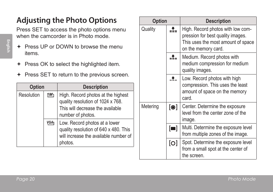 Adjusting the photo options | COBY SNAPP CAM3005 User Manual | Page 20 / 180