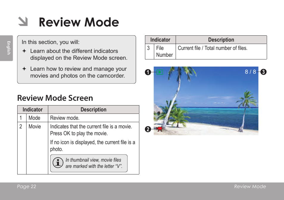 Review mode, Review mode screen | COBY SNAPP CAM3005 User Manual | Page 22 / 180