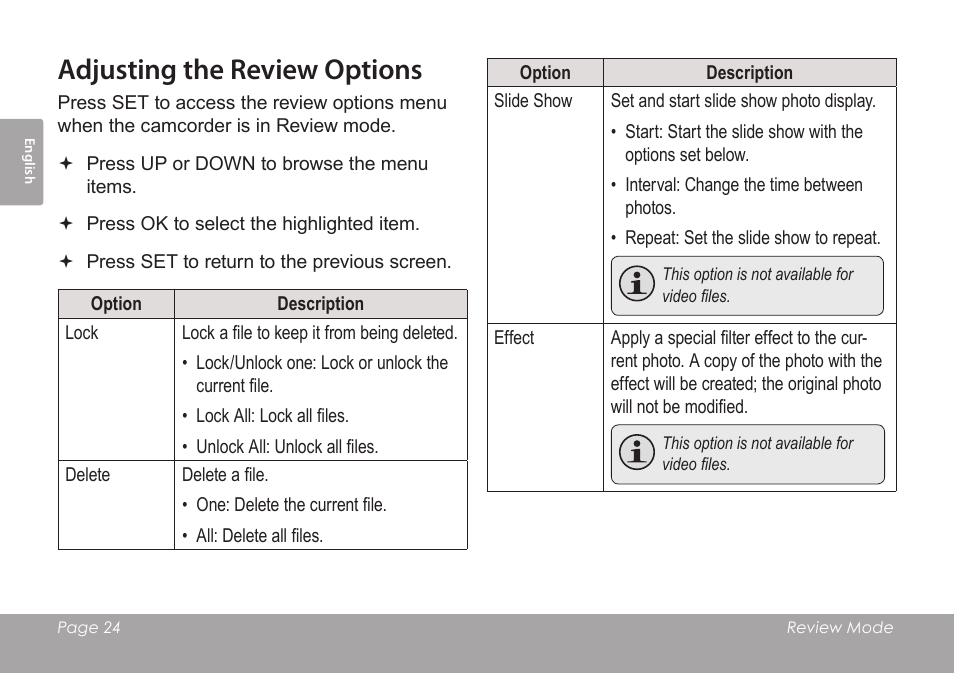 Adjusting the review options | COBY SNAPP CAM3005 User Manual | Page 24 / 180