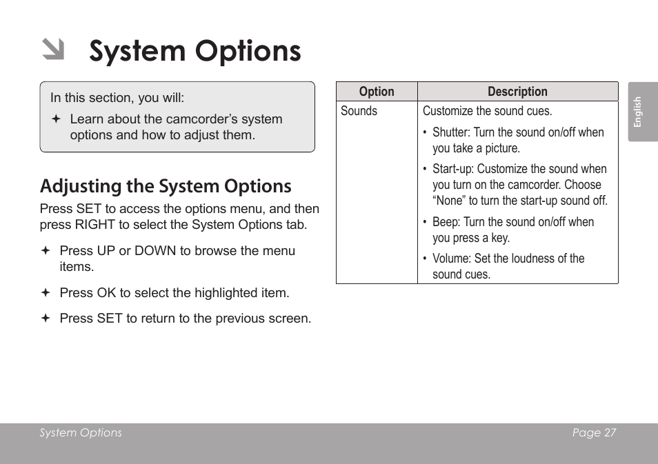 System options, Adjusting the system options | COBY SNAPP CAM3005 User Manual | Page 27 / 180