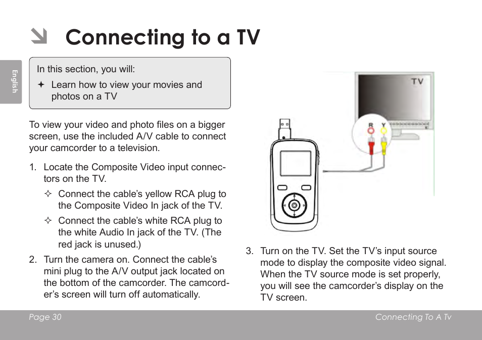 Connecting to a tv | COBY SNAPP CAM3005 User Manual | Page 30 / 180