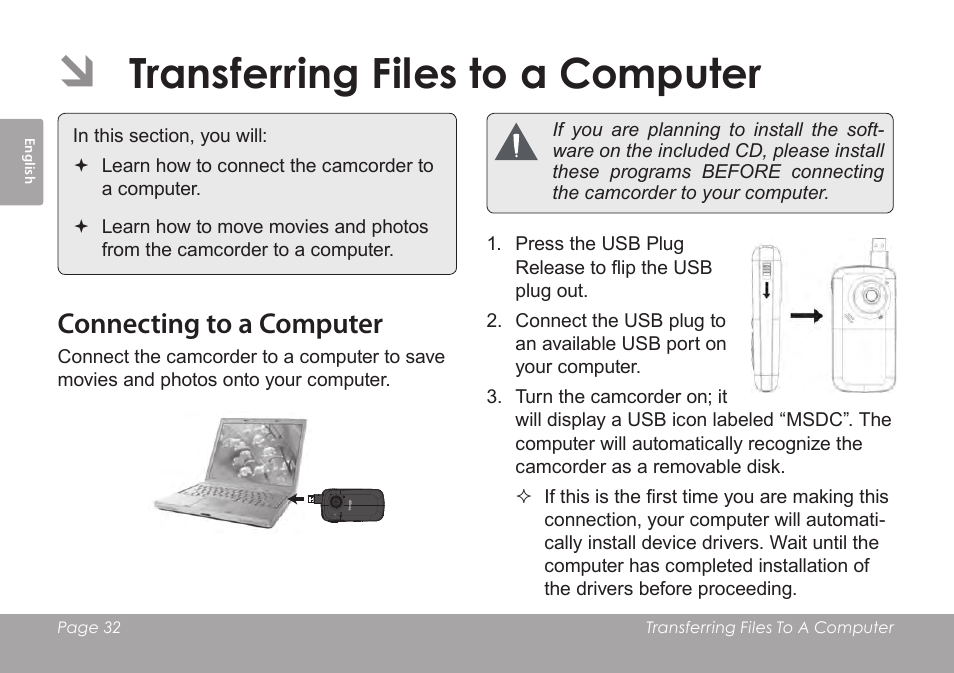 Transferring files to a computer, Connecting to a computer | COBY SNAPP CAM3005 User Manual | Page 32 / 180