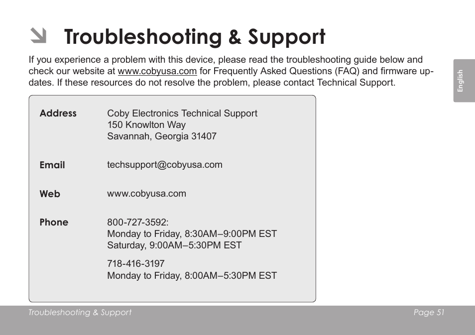 Troubleshooting & support | COBY SNAPP CAM3005 User Manual | Page 51 / 180