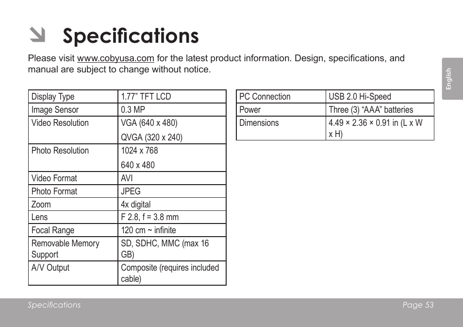 Specifications | COBY SNAPP CAM3005 User Manual | Page 53 / 180