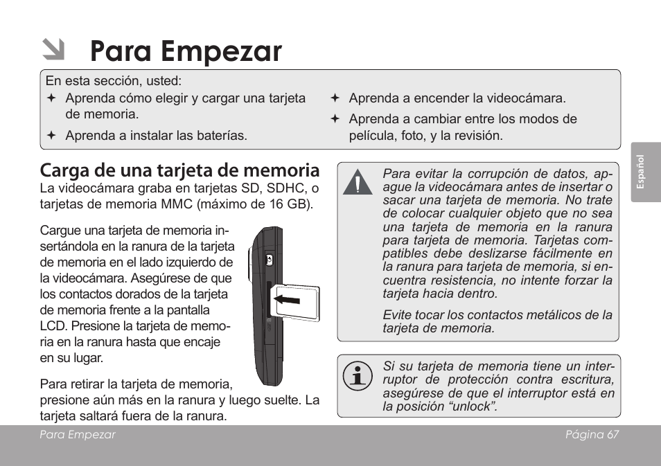 Para empezar, Carga de una tarjeta de memoria | COBY SNAPP CAM3005 User Manual | Page 67 / 180