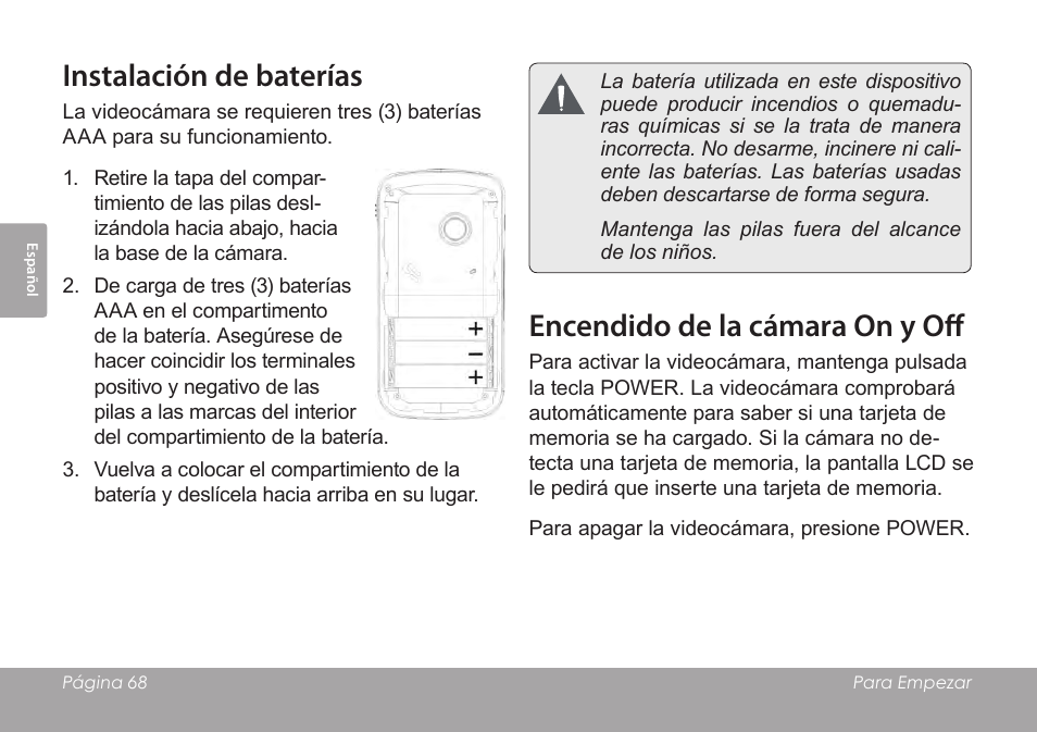 Instalación de baterías, Encendido de la cámara on y off | COBY SNAPP CAM3005 User Manual | Page 68 / 180