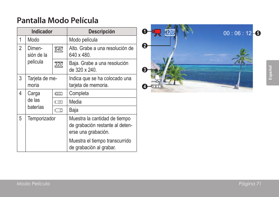 Pantalla modo película | COBY SNAPP CAM3005 User Manual | Page 71 / 180