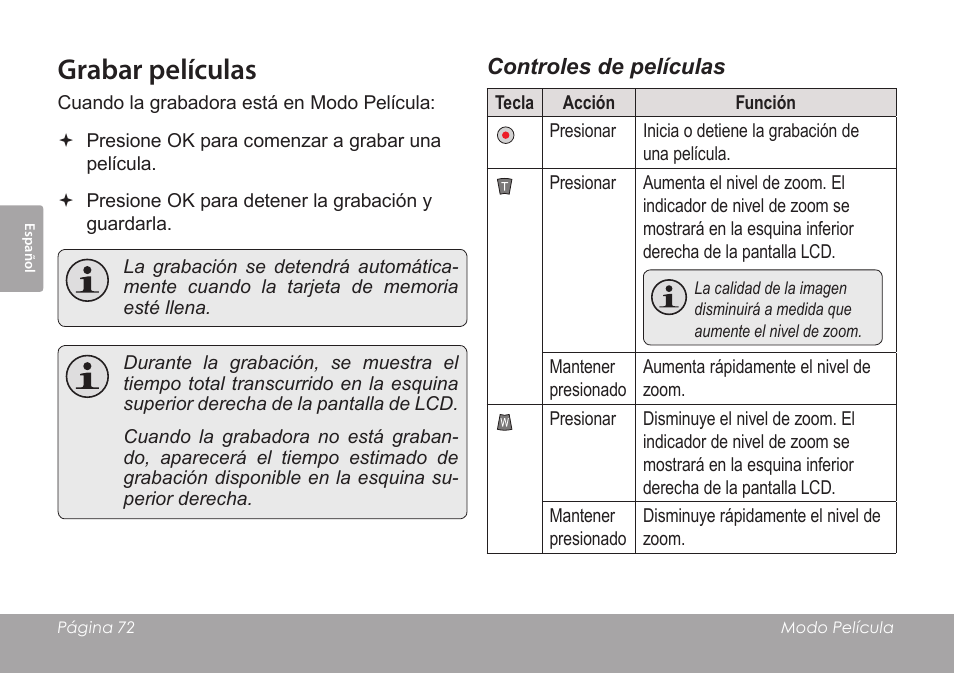 Grabar películas, Controles de películas | COBY SNAPP CAM3005 User Manual | Page 72 / 180