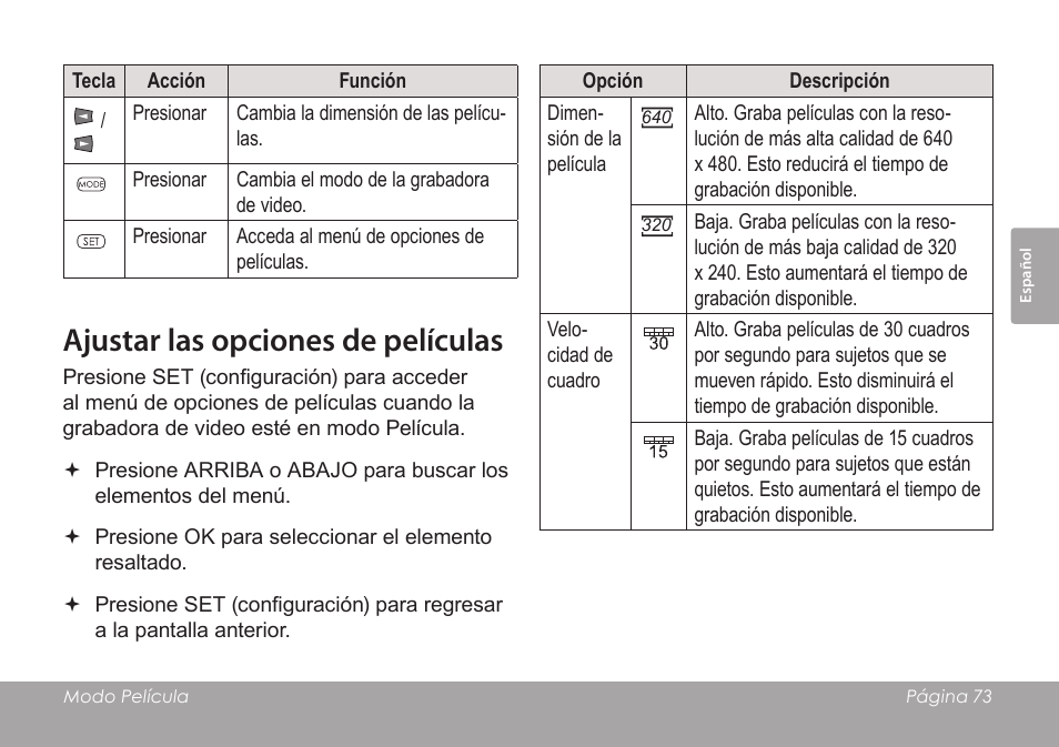 Ajustar las opciones de películas | COBY SNAPP CAM3005 User Manual | Page 73 / 180