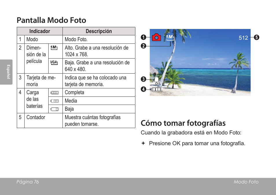 Pantalla modo foto, Cómo tomar fotografías | COBY SNAPP CAM3005 User Manual | Page 76 / 180