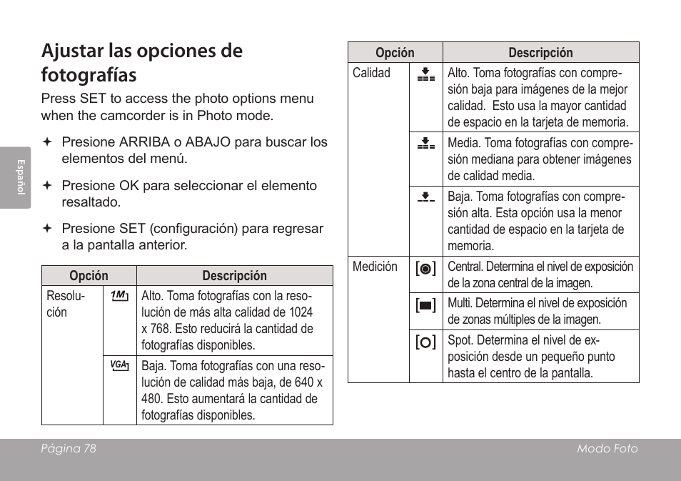 Ajustar las opciones de fotografías | COBY SNAPP CAM3005 User Manual | Page 78 / 180