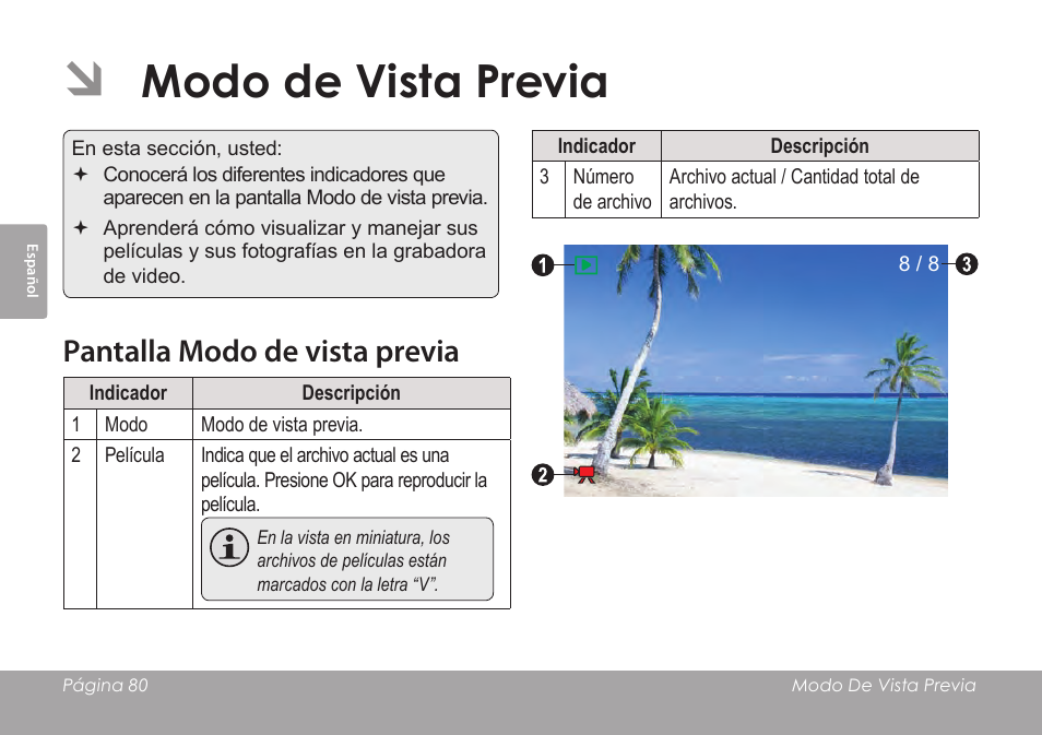 Modo de vista previa, Pantalla modo de vista previa | COBY SNAPP CAM3005 User Manual | Page 80 / 180