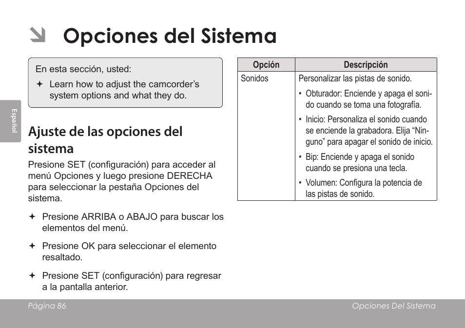 Opciones del sistema, Ajuste de las opciones del sistema | COBY SNAPP CAM3005 User Manual | Page 86 / 180