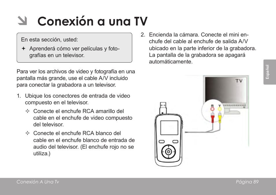 Conexión a una tv | COBY SNAPP CAM3005 User Manual | Page 89 / 180