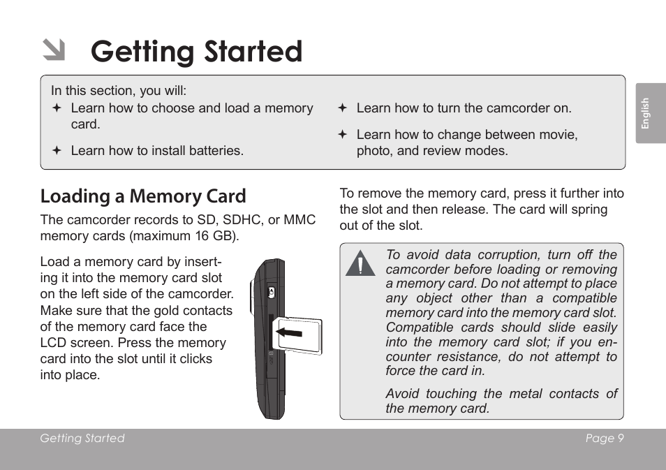 Getting started, Loading a memory card | COBY SNAPP CAM3005 User Manual | Page 9 / 180