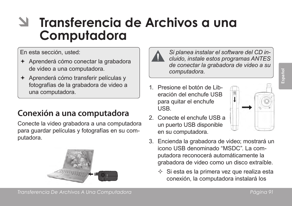 Transferencia de archivos a una computadora, Conexión a una computadora | COBY SNAPP CAM3005 User Manual | Page 91 / 180