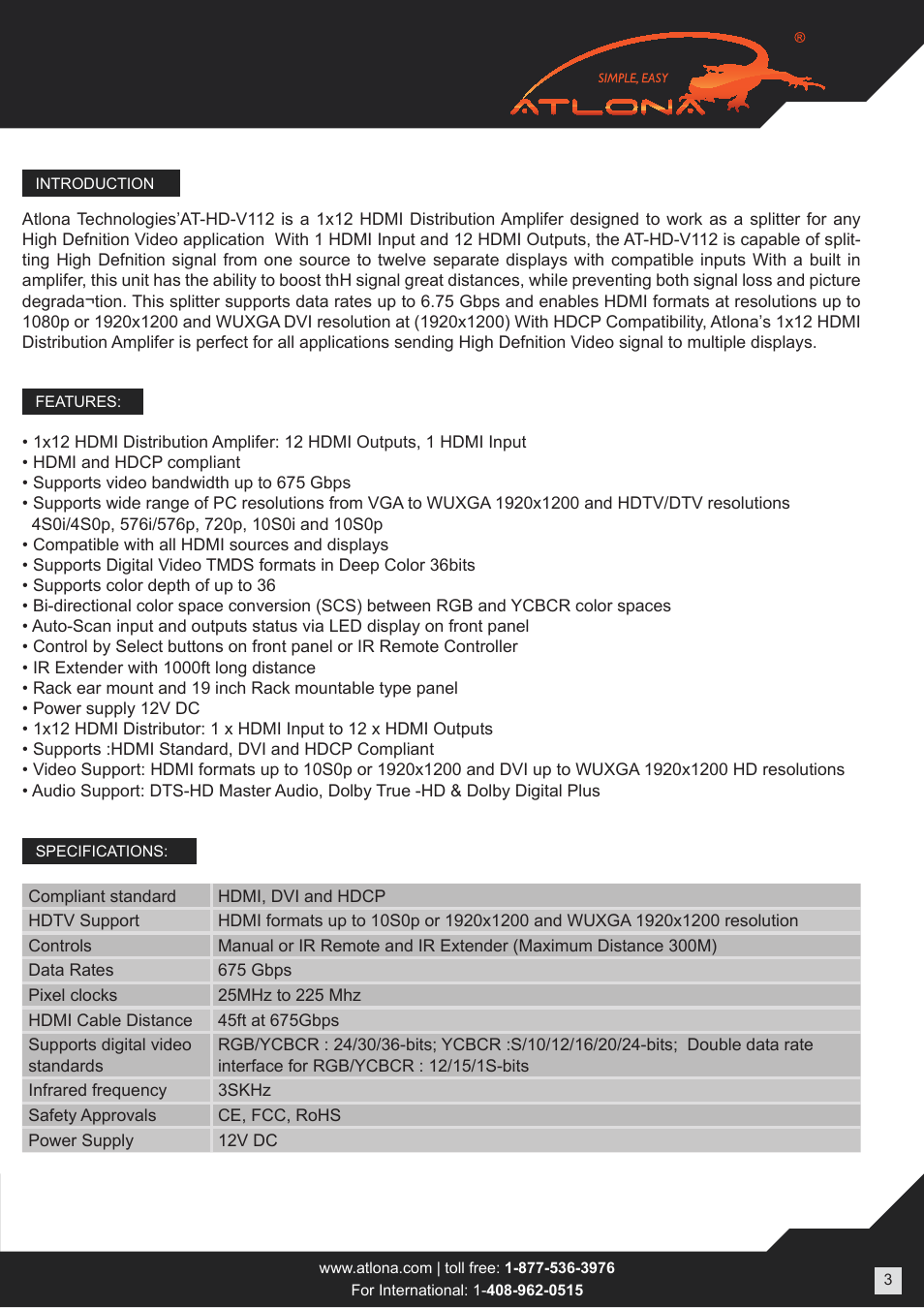 Atlona AT HD V112 User Manual | Page 3 / 9