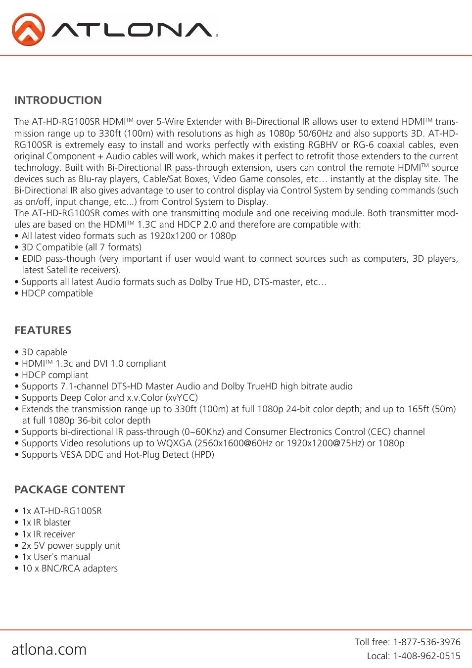 Introduction features, Package content | Atlona AT HD RG100SR User Manual | Page 3 / 11