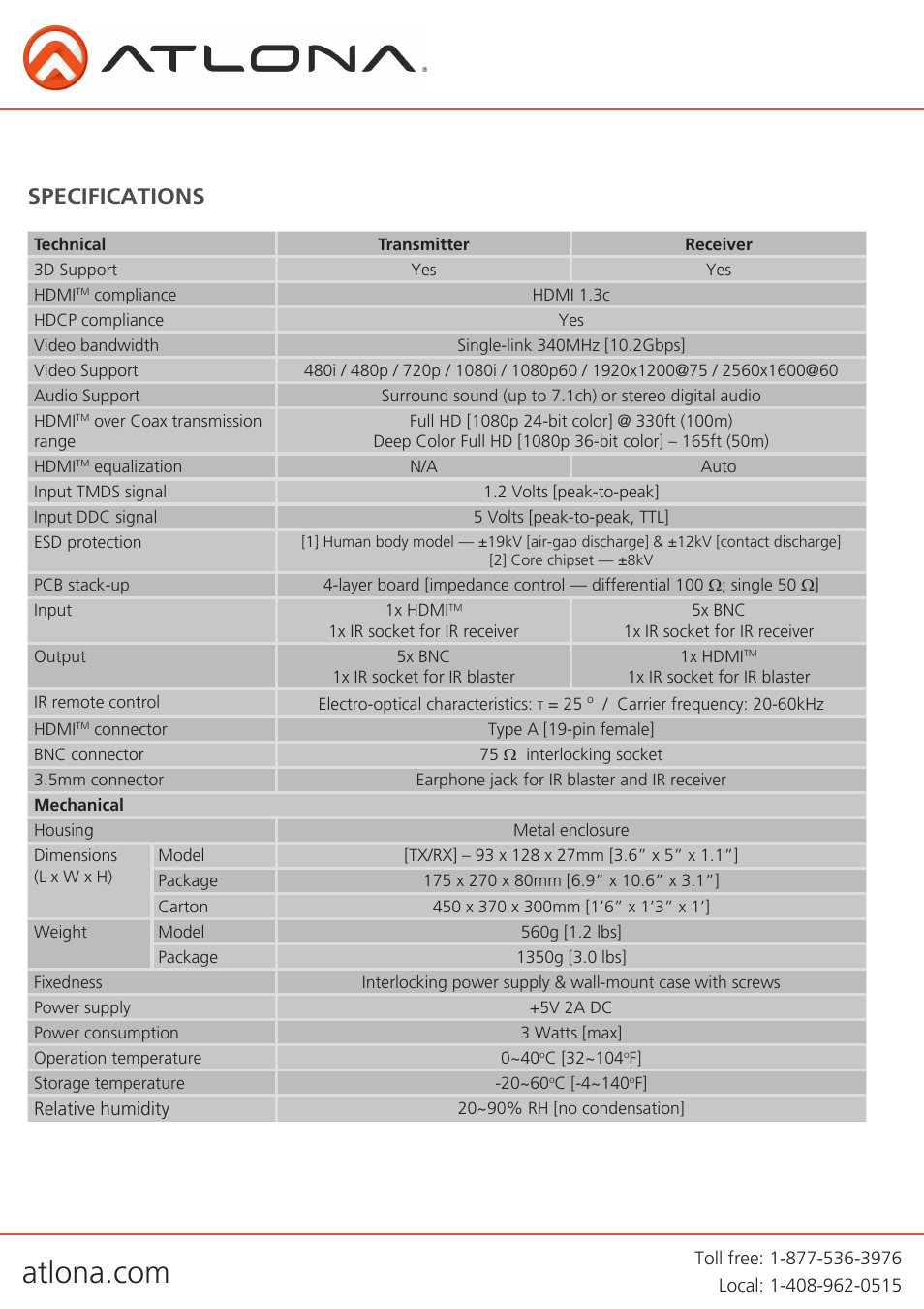 Specifications | Atlona AT HD RG100SR User Manual | Page 4 / 11
