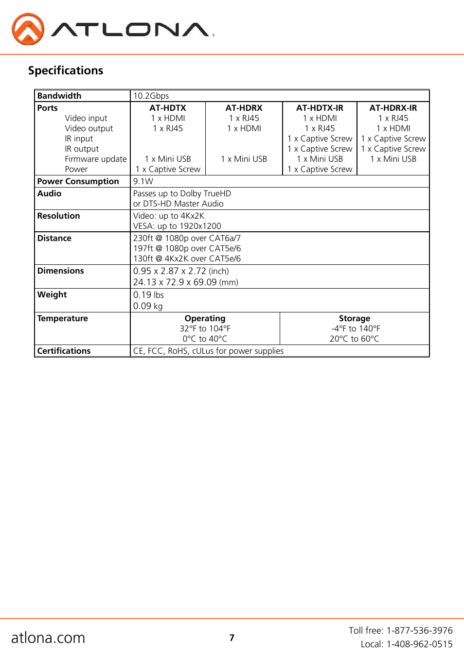 Specifications | Atlona AT HD Extenders User Manual | Page 7 / 10