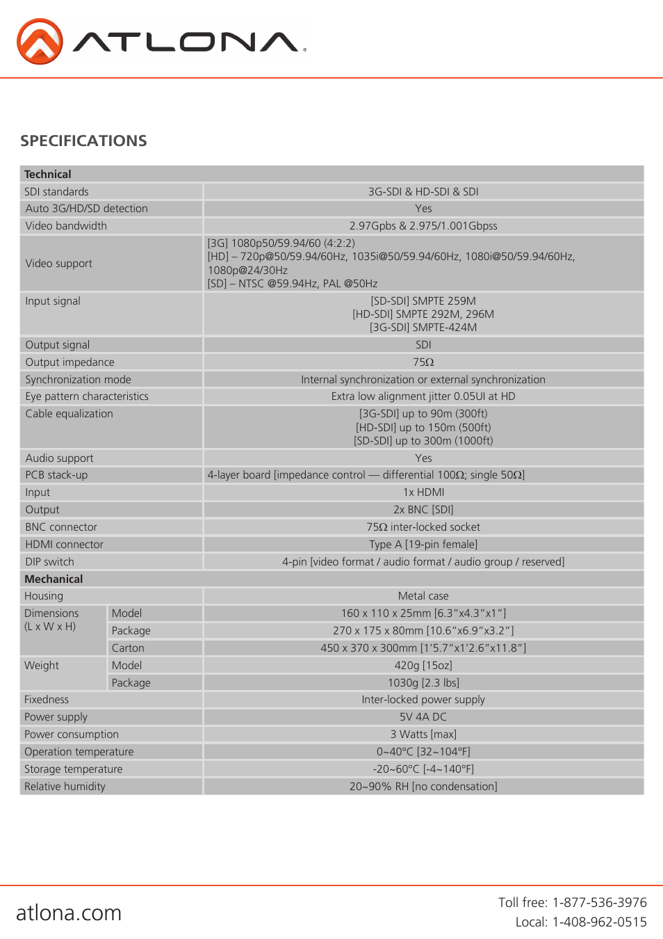 Specifications | Atlona AT HD 3GSDI User Manual | Page 4 / 9