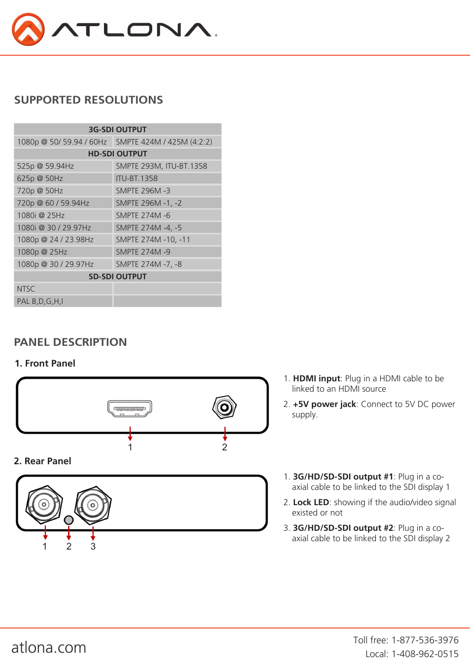 Panel description, Supported resolutions | Atlona AT HD 3GSDI User Manual | Page 5 / 9