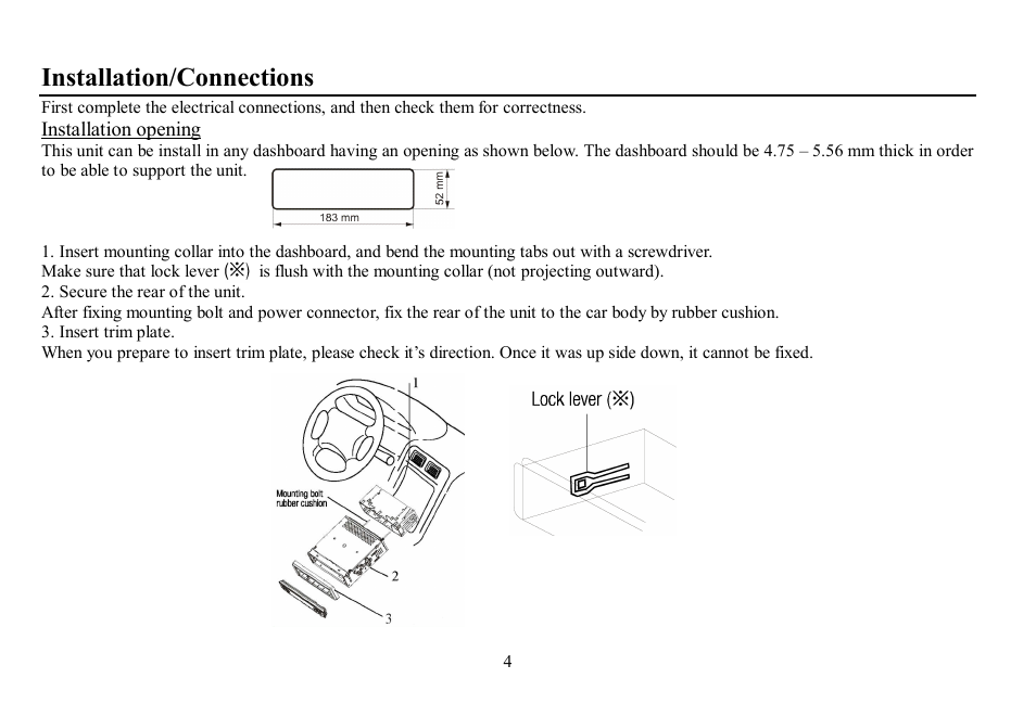 Installation/connections | Hyundai H-CDM8057 User Manual | Page 4 / 41