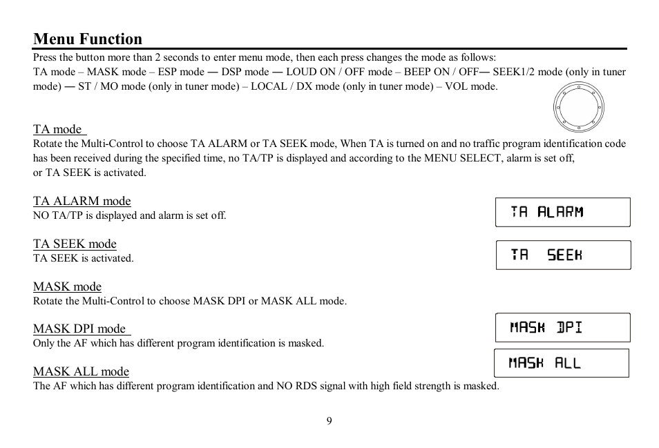 Menu function | Hyundai H-CDM8057 User Manual | Page 9 / 41