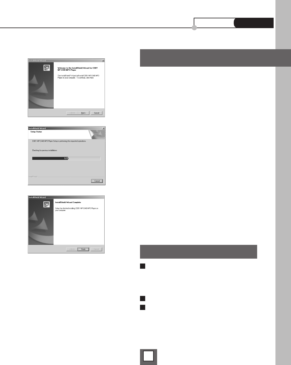 Install software, For windows, Setting up the player | COBY MP-C440 User Manual | Page 6 / 23